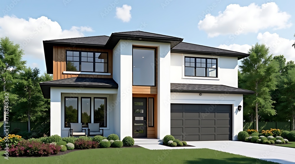 Fototapeta premium Modern two story luxury home with contemporary architecture and elegant exterior design featuring a garage