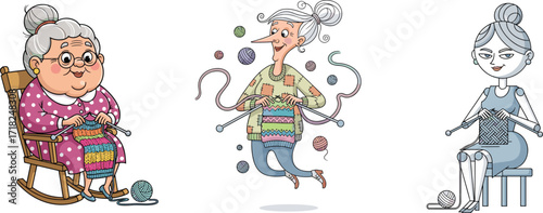 Cartoon illustration of three women knitting with yarn balls, funny grandmother character design, handmade craft concept, creative hobby, lifestyle art