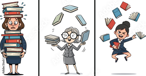 Cartoon illustration of business women with books, stressed multitasking, juggling education knowledge, office work overload, funny character design, lifestyle concept