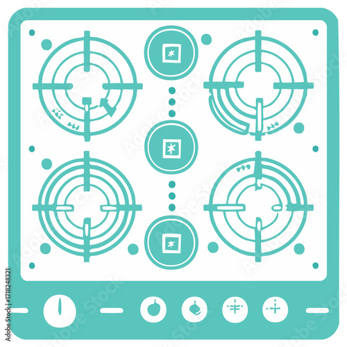 Teal Kitchen Stove Top Illustration with Burners and Control Knobs