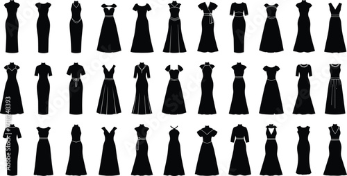 Dress silhouette collection, fashion design reference, black dress styles, neckline and skirt variations, clothing comparison, wardrobe planning, garment illustration set