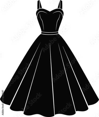 Elegant black silhouette of formal evening dress with sweetheart neckline, fitted bodice, and flared skirt for fashion, costume, and design illustration