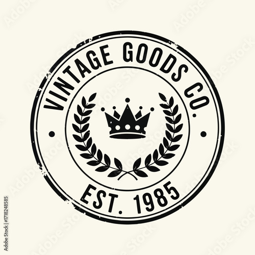 Vintage goods co est 1985 emblem with crown and laurel wreath