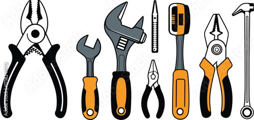 Big adjustable wrench with pliers and screwdriver, mechanical engineering tools illustration


