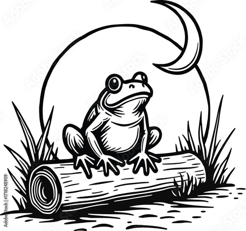 Frog sitting on log under moon, forest amphibian wildlife illustration

