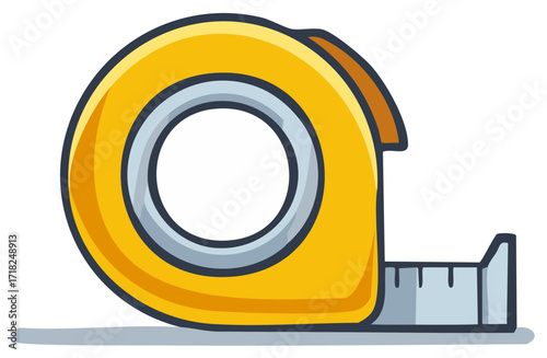Cartoon yellow tape measure with grey markings and blue outline