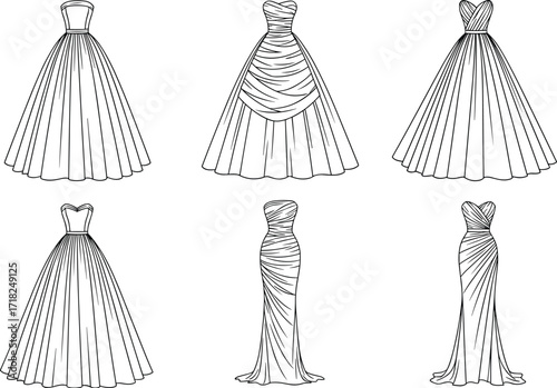 Elegant formal dress collection in black and white line art with ball gowns, sheath styles, and ruched bodice fashion illustration