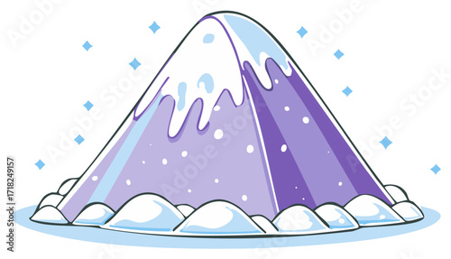 Whimsical cartoon snow capped mountain with sparkling lights and a purple hue