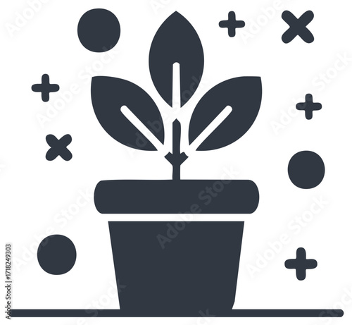 Potted plant icon with circles and pluses illustration for business