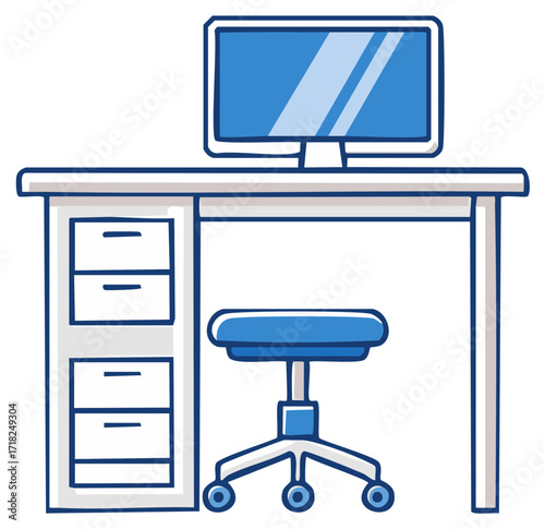 Blue and White Office Desk with Computer Monitor and Swivel Chair, Workspace concept