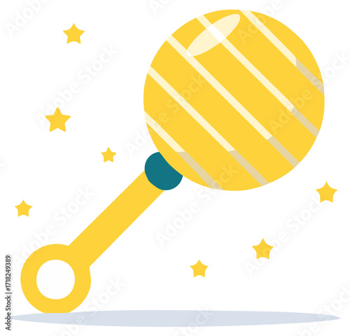 Yellow striped baby rattle toy with stars isolated vector illustration