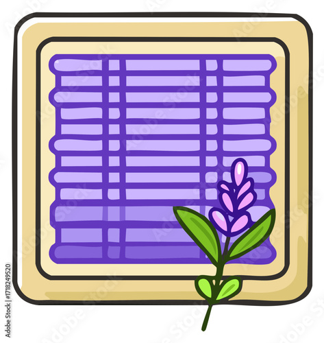 Hand drawn cartoon illustration of a window with purple blinds and a lavender sprig.