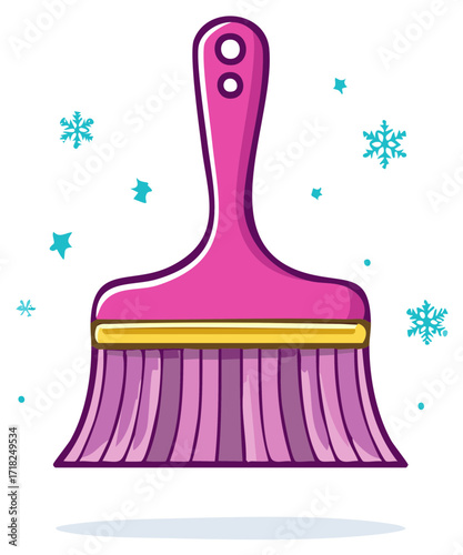 Pink cleaning brush with light violet bristles surrounded by turquoise snowflakes winter cleanup housework illustration graphic design