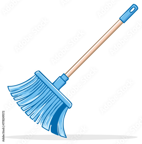 Blue household broom with wooden handle cartoon vector illustration