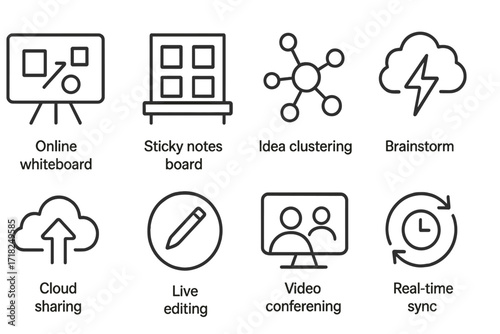 Collaboration Tools Icons. Line style icons of real-time collaboration tools: online whiteboard, sticky notes board, idea