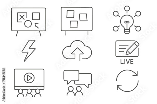 Collaboration Tools Icons. Line style icons of real-time collaboration tools: online whiteboard, sticky notes board, idea