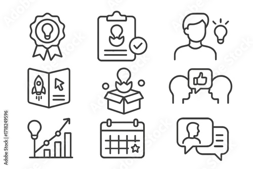 Idea Incubation Icons. Line style icons of idea incubation and mentoring: mentorship badge, guided idea tracker, innovation mentor