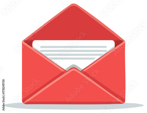 Open red envelope containing a letter with lines to symbolize text representing mail delivery or messages