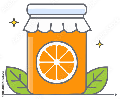 Cute cartoon illustration of a sparkling jar of homemade orange marmalade with a fresh fruit label and leaves
