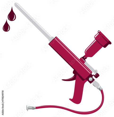Maroon sealant gun or spray foam applicator dripping liquid, a detailed vector illustration for construction