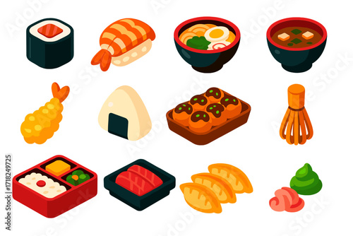 Japanese Food Icons. Isometric vector illustration set Japanese food icons: sushi roll with tuna, nigiri with shrimp, ramen bowl,