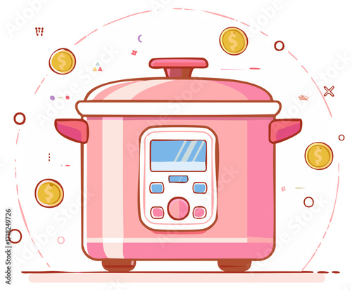 Pink electric pressure cooker cartoon with gold coins and buttons, economic concept