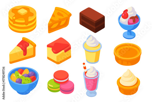 Delicious Dessert Icons. Isometric vector illustration set Comfort desserts: pancakes with syrup, apple pie slice, chocolate cake