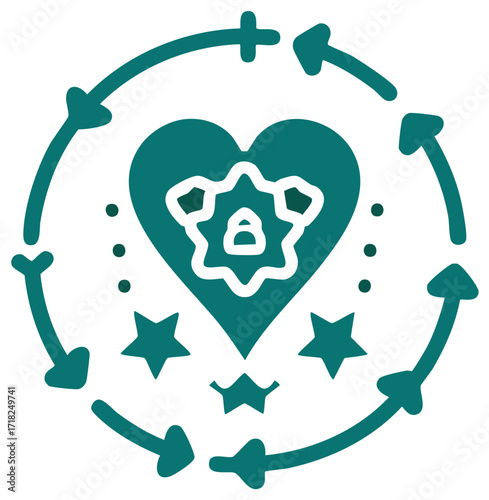 Teal heart icon with circular arrows and stars representing a continuous cycle of care progress and well being