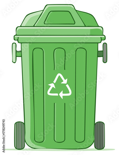 Bright Green Recycling Container with Wheels and Lid, Recycle Symbol Cartoon