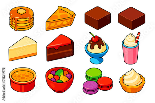 Delicious Dessert Icons. Isometric vector illustration set Comfort desserts: pancakes with syrup, apple pie slice, chocolate cake