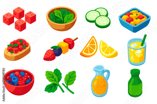 Summer Freshness Icons. Isometric vector illustration set Summer freshness: watermelon cubes, salad bowl with greens, cucumber
