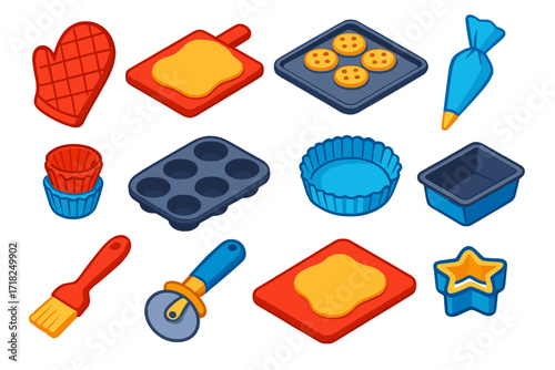 Pastry Making Icons. Isometric vector illustration set Pastry making: oven mitt, dough sheet, baking tray with cookies, piping bag