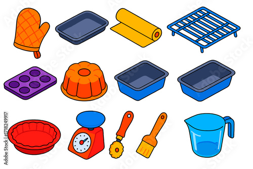 Colorful Baking Tools. Isometric vector illustration set Baking supplies: oven mitt, nonstick baking tray, parchment paper roll,