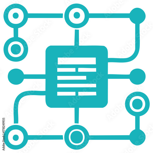 Digital network connection abstract diagram with interconnected nodes and central data hub