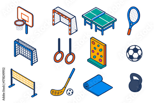 Indoor Sports Equipment. Isometric vector illustration set Indoor sports: basketball hoop, indoor football goal, table tennis