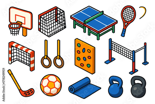 Indoor Sports Equipment. Isometric vector illustration set Indoor sports: basketball hoop, indoor football goal, table tennis