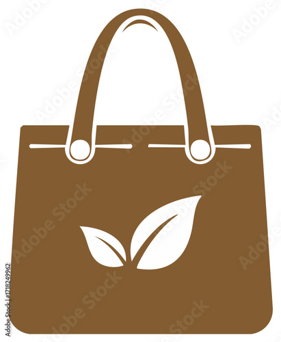 Brown reusable shopping bag with green leaves symbol eco friendly design