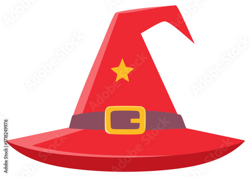 Red witch or wizard hat with a star, magic costume for halloween party, carnival, or fantasy