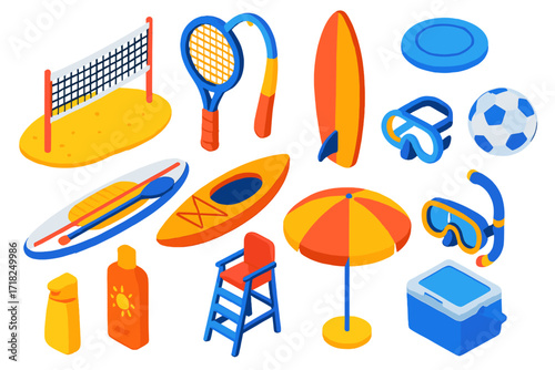 Beach Sports Icons. Isometric vector illustration set Beach sports: volleyball net on sand, tennis racket, surfboard, frisbee,