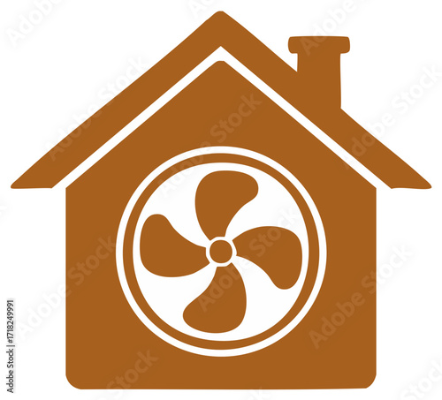 House outline with internal fan graphic representing ventilation and home climate control