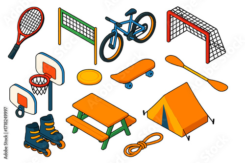 Outdoor Recreation Icons. Isometric vector illustration set Outdoor recreation: tennis racket, volleyball net, mountain bike,