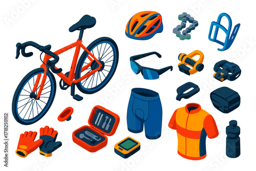 Road Cycling Essentials. Isometric vector illustration set Road cycling: racing bike, helmet, chain, water bottle cage, clipless