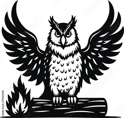 Owl with open wings, nocturnal predator bird wildlife sketch

