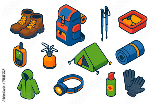 Long Hike Essentials. Isometric vector illustration set Long hike preparation: sturdy hiking boots, big backpack, packed food box,