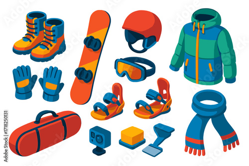 Bold Snowboard Equipment Icons. Isometric vector illustration set Snowboarding equipment: snowboard boots, snowboard deck, helmet,