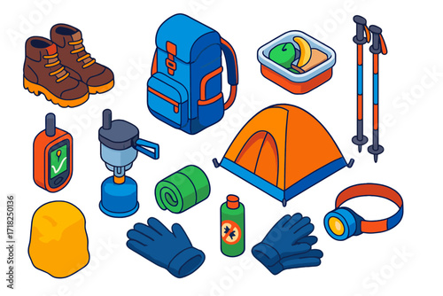 Long Hike Essentials. Isometric vector illustration set Long hike preparation: sturdy hiking boots, big backpack, packed food box,