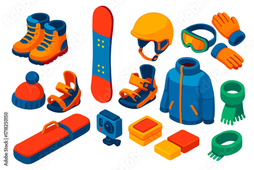 Bold Snowboard Equipment Icons. Isometric vector illustration set Snowboarding equipment: snowboard boots, snowboard deck, helmet,