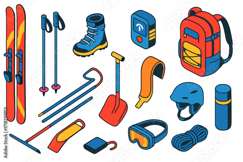 Backcountry Ski Gear. Isometric vector illustration set Backcountry skiing: skis, ski poles, snowboard boots, avalanche beacon,