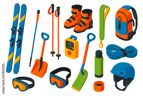 Backcountry Ski Gear. Isometric vector illustration set Backcountry skiing: skis, ski poles, snowboard boots, avalanche beacon,