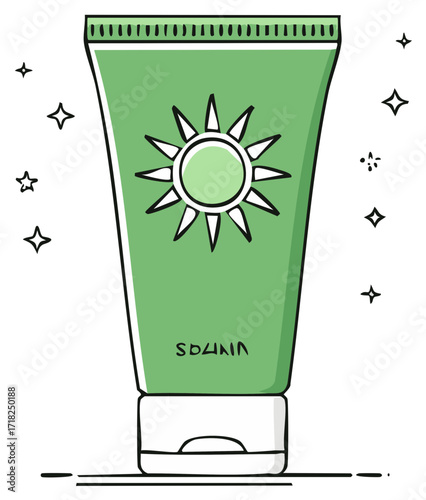 Sunscreen tube with sun illustration and stars, a cosmetic product for tanning protection and skin care against ultraviolet light